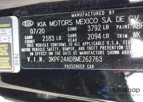2021 Kia Forte Fe/Lxs z USA, uszkodzony, nr VIN 3KPF24AD8ME262763